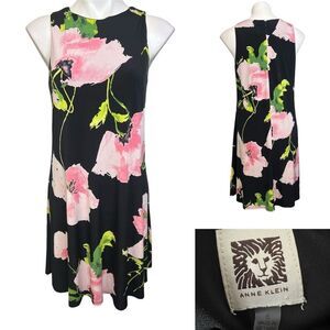 Anne Klein dress size 8 black pink floral sleeveless swing knee‎ length